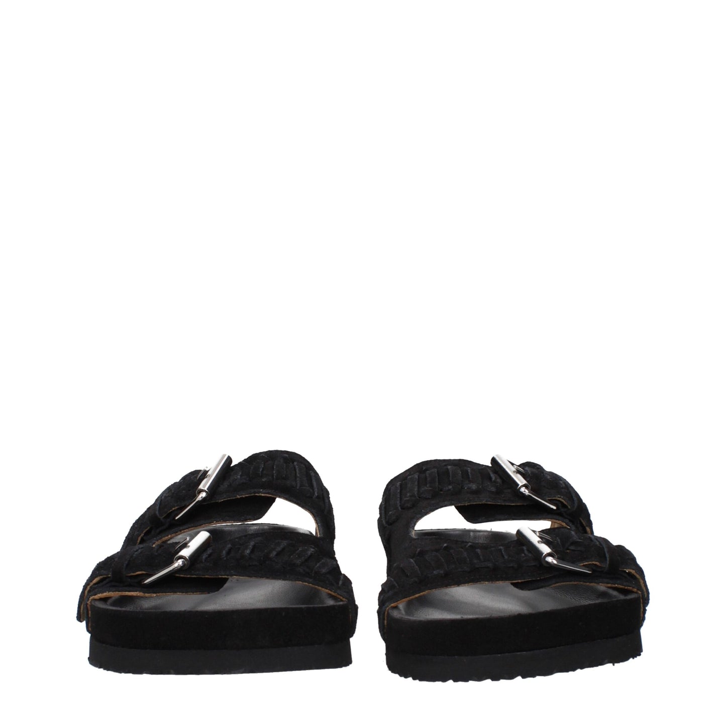 Flat Clogs Slippers by Isabel Marant for men in suede leather & rubber black & silver presents a effortless silhouette, showcasing the elegant Men's Suede Leather & Rubber Flat Clogs Slippers design with its unique flat and sophisticated open toe style.