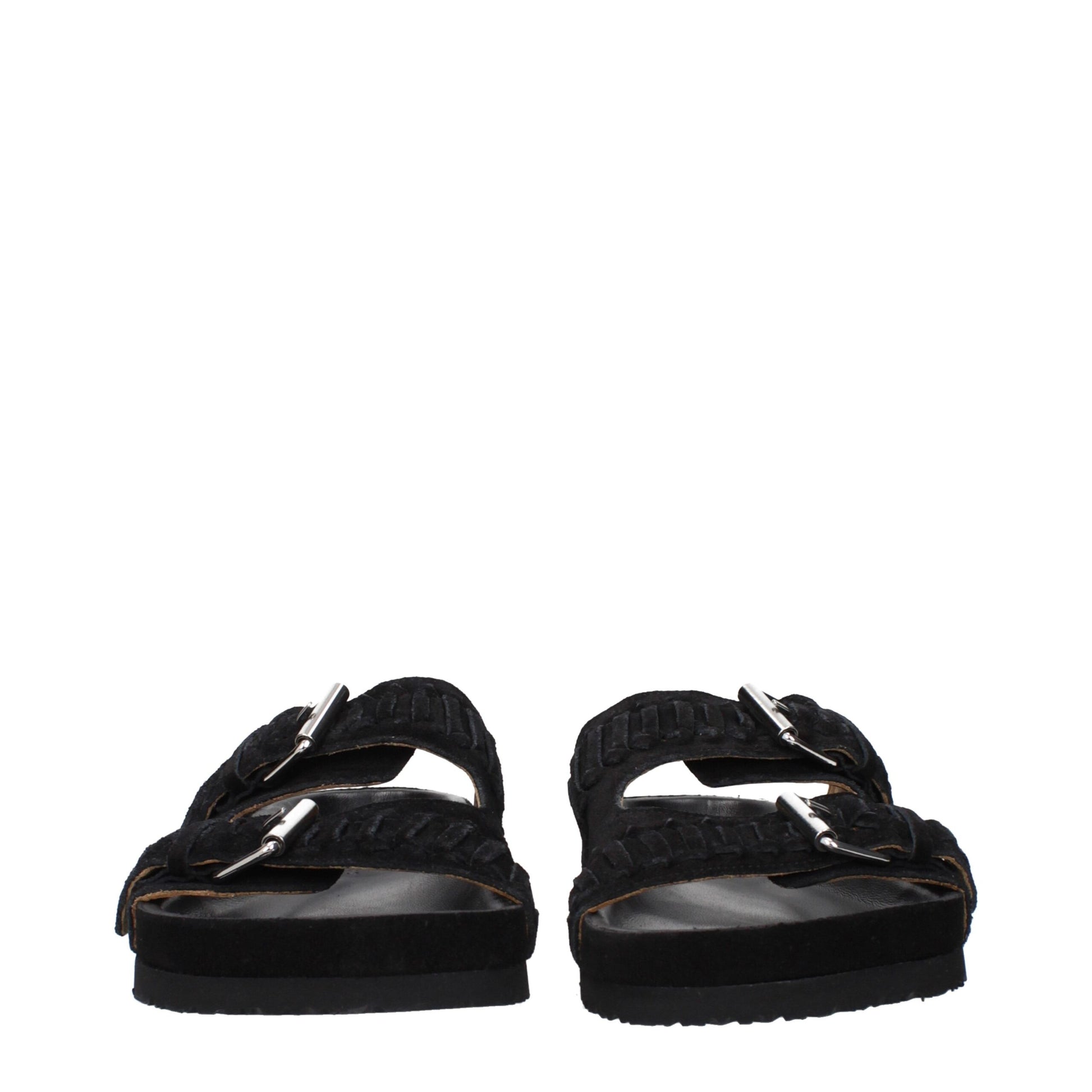 Flat Clogs Slippers by Isabel Marant for men in suede leather & rubber black & silver presents a effortless silhouette, showcasing the elegant Men's Suede Leather & Rubber Flat Clogs Slippers design with its unique flat and sophisticated open toe style.