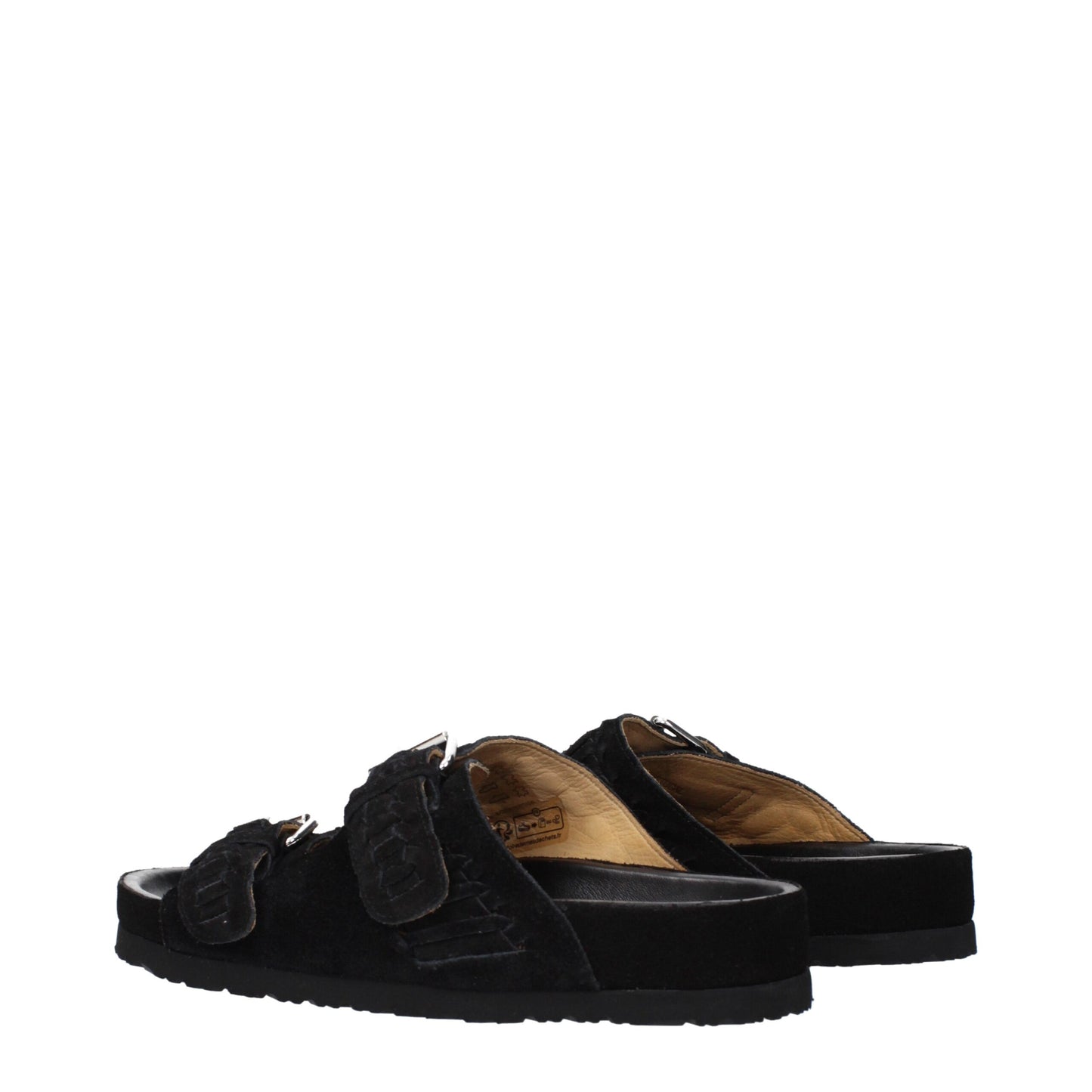Flat Clogs Slippers by Isabel Marant for men in suede leather & rubber black & silver features an effortless chic silhouette from the Men's Suede Leather & Rubber Flat Clogs Slippers collection, showcasing a flat and effortless chic open toe style.