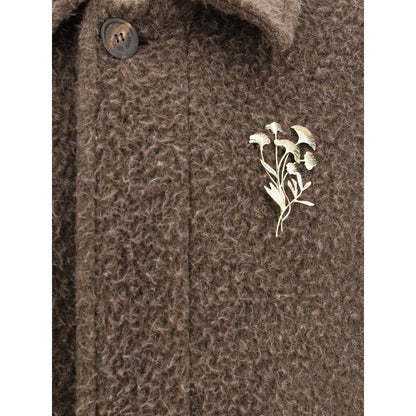 Overcoat by Golden Goose for men in mohair wool & viscose bronze, brown & floral features an voluminous silhouette, showcasing distinct and a voluminous for a truly voluminous aesthetic.