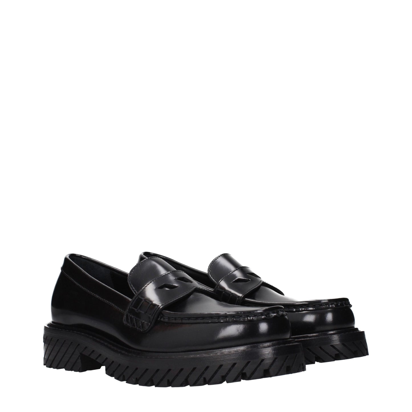 Flat Loafer Slip-On Shoes by Off-White for women in leather black & white features an ergonomic silhouette, perfectly showcasing Women's Leather Flat Loafer Slip-On Shoes with its distinct flat and elegant .