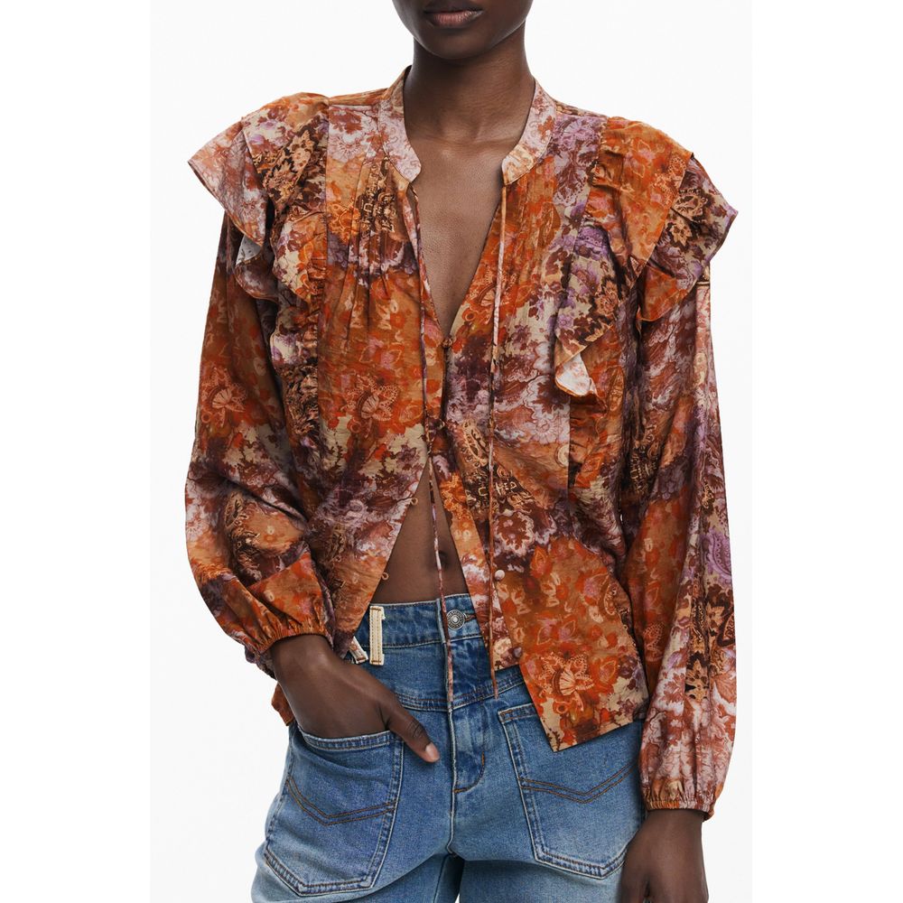 Shirt by Desigual for women in polyamide viscose orange & patterned showcases a sublime silhouette, artfully detailed with a sublime v-neck neckline and long-sleeve for a sophisticated, sublime finish.