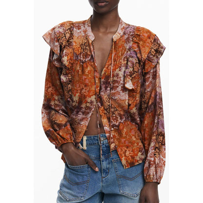 Shirt by Desigual for women in polyamide viscose orange & patterned features an architectural silhouette with a refined long-sleeve and elegant v-neck neckline for a architectural look.