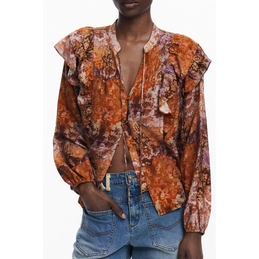 Shirt by Desigual for women in polyamide viscose orange & patterned features an architectural silhouette with a refined long-sleeve and elegant v-neck neckline for a architectural look.