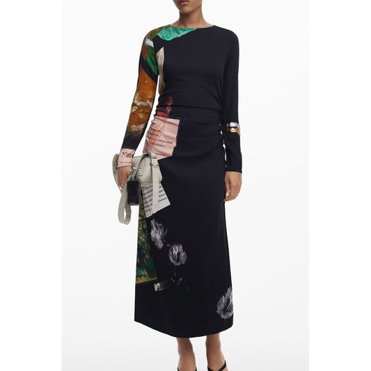 Dress by Desigual for women in stretch viscose black, patterned & print features an magnificent silhouette, artfully detailed with a magnificent round neckline and long-sleeve that flows into an magnificent midi long.
