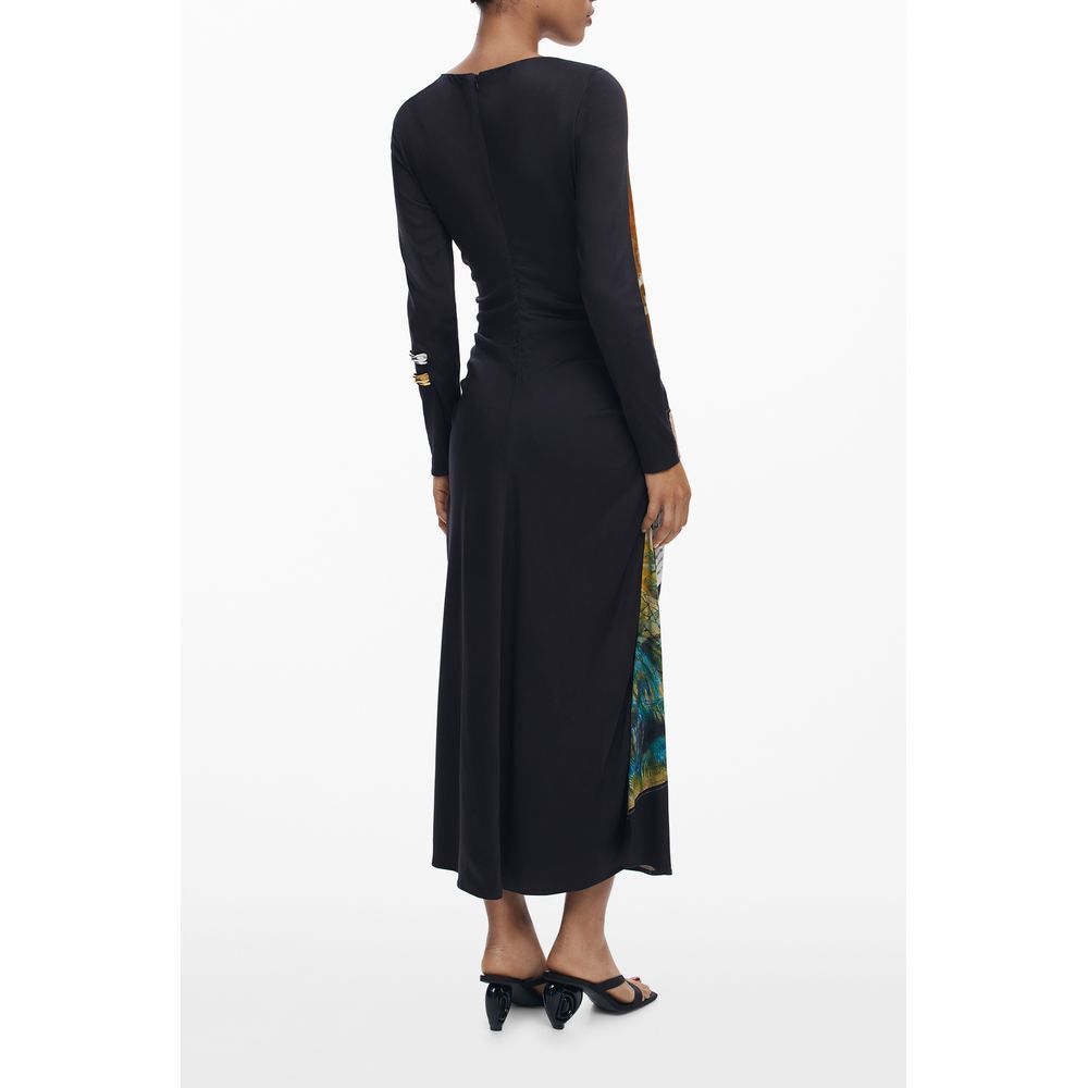 Dress by Desigual for women in stretch viscose black, patterned & print presents a sinuous silhouette, showcasing a sophisticated round neckline and detailed with a sinuous midi long for a refined finish.