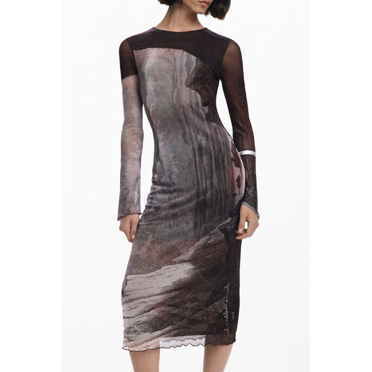 Dress by Desigual for women in stretch viscose polyester brown, patterned & print features an sultry silhouette defined by a round neckline and long-sleeve, falling to an sultry midi long for a sultry look.