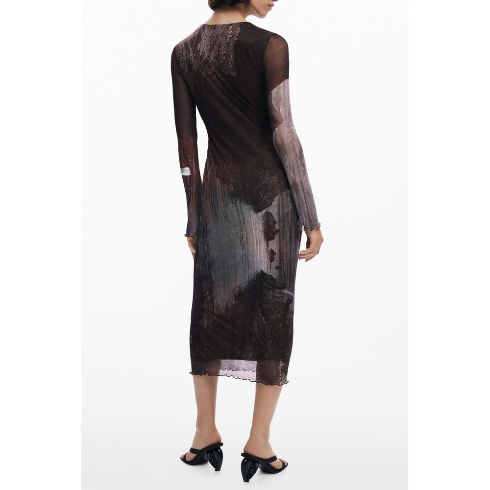 Dress by Desigual for women in stretch viscose polyester brown, patterned & print showcases a striking silhouette, elegantly detailed with a , refined round neckline, and a striking midi long for a striking finish.