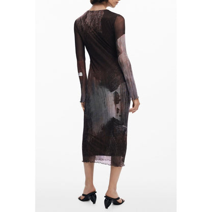Dress by Desigual for women in stretch viscose polyester brown, patterned & print showcases a striking silhouette, elegantly detailed with a , refined round neckline, and a striking midi long for a striking finish.