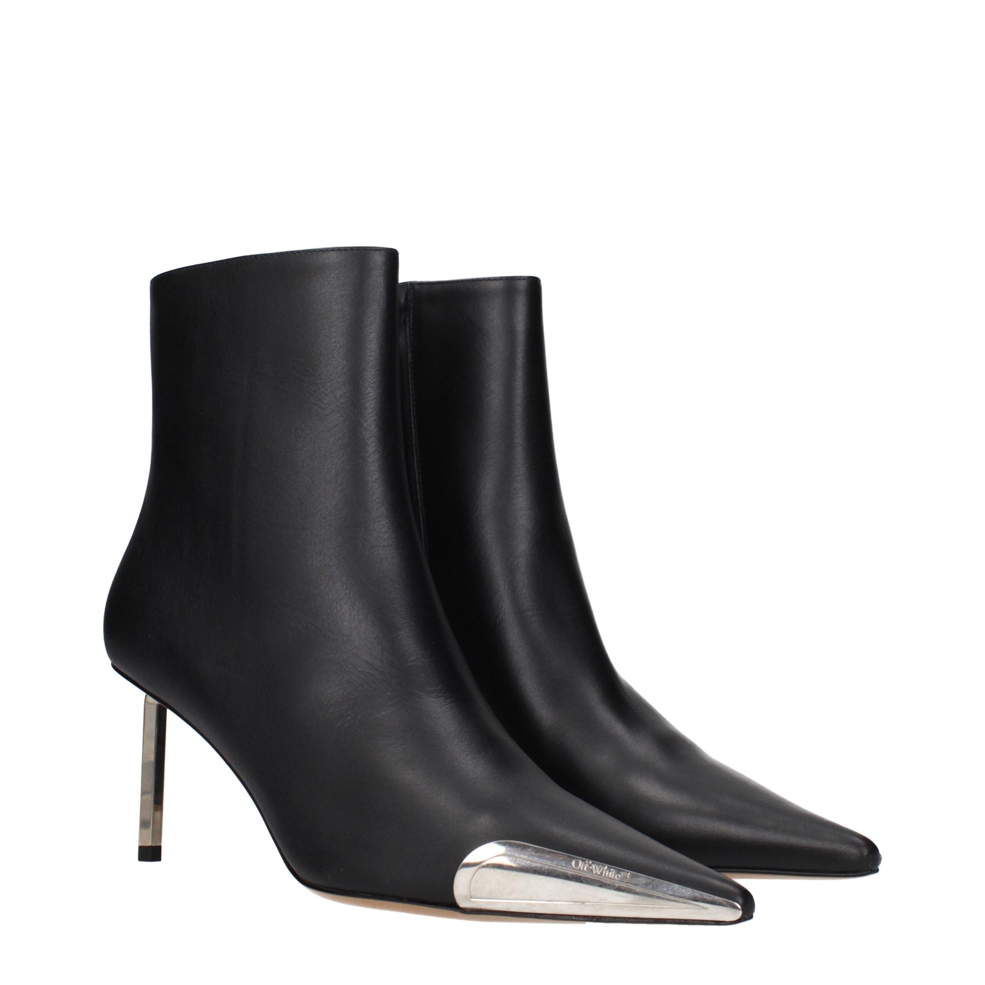 Ankle Boots by Off-White for women in leather black & white features an dynamic silhouette, showcasing the dynamic Women's Leather Ankle Boots design with its distinctive and elegant .