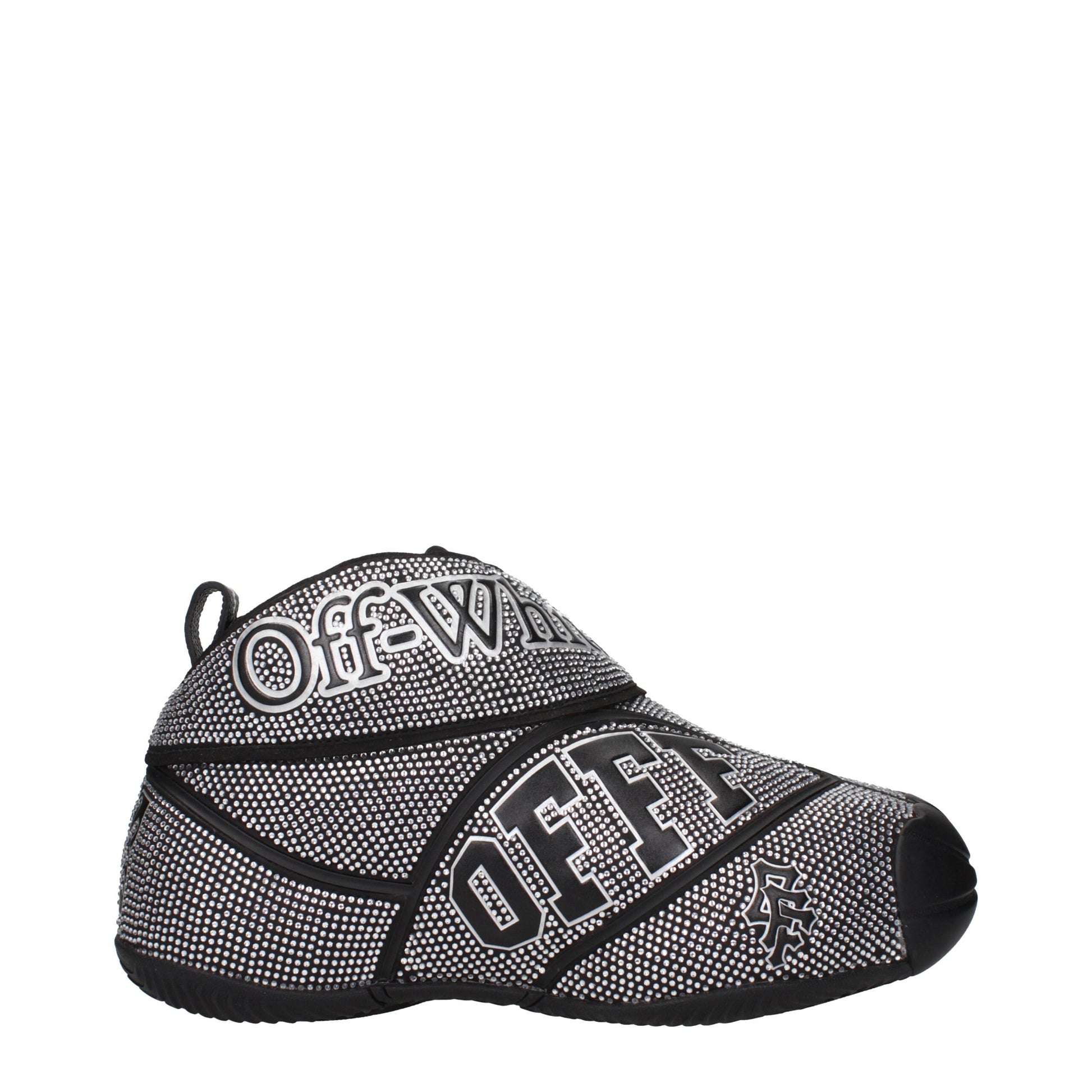 Sneakers by Off-White for men in cotton & rhinestone black & white presents a sumptuous silhouette, artfully capturing the essence of the Men's Fashion Cotton & Rhinestone Sneakers with its sumptuous fashion style design.