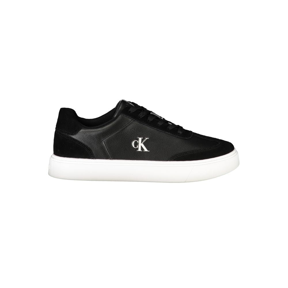 Athletic Sneakers by Calvin Klein for men in polyester polyethylene leather black showcases a architectural silhouette, artfully capturing the essence of the Men's Athletic Polyester Polyethylene Leather Sneakers with its signature architectural athletic style construction.