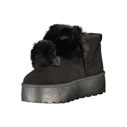 Laura Biagiotti Women's Polyester Polyethylene Fur Wedge Ankle Winter Boots - Black