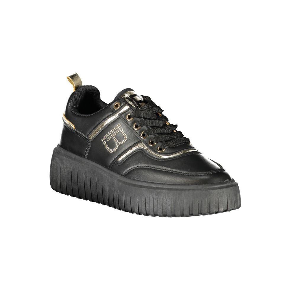 Athletic Sneakers by Laura Biagiotti for women in polyester & polyethylene black & print features an architectural silhouette, showcasing the premium athletic style of the Women's Athletic Polyester & Polyethylene Sneakers with an architectural finish.
