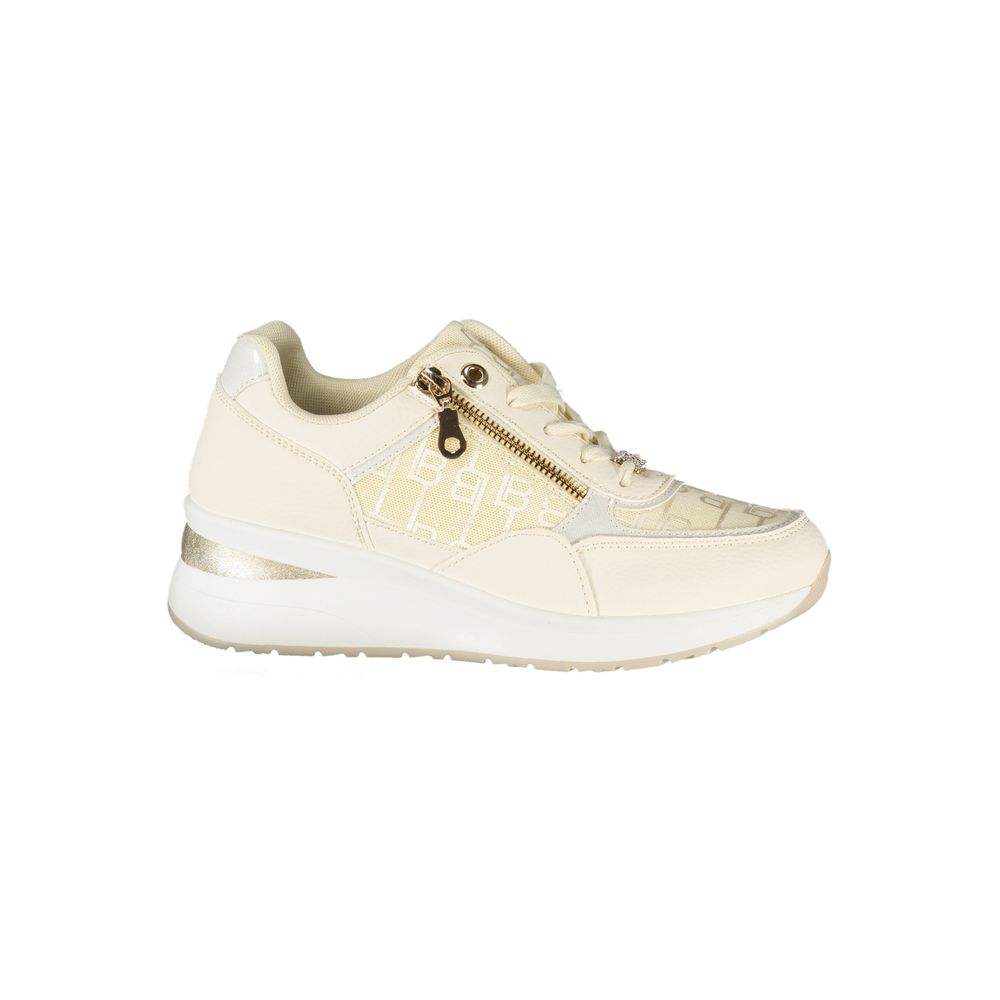 Athletic Sneakers by Laura Biagiotti for women in polyester & polyethylene beige & white showcases a architectural silhouette, artfully capturing the essence of the Crisp Women's Athletic Polyester & Polyethylene Sneakers with its signature architectural athletic style construction.