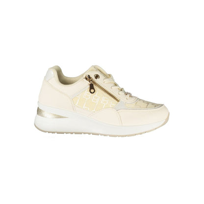 Athletic Sneakers by Laura Biagiotti for women in polyester & polyethylene beige & white showcases a architectural silhouette, artfully capturing the essence of the Crisp Women's Athletic Polyester & Polyethylene Sneakers with its signature architectural athletic style construction.
