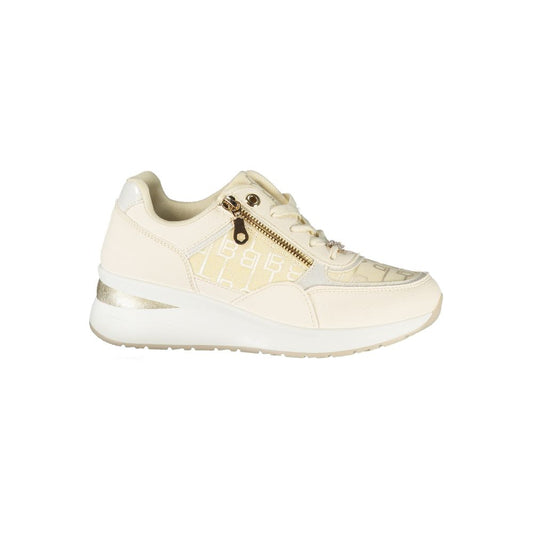 Athletic Sneakers by Laura Biagiotti for women in polyester & polyethylene beige & white showcases a architectural silhouette, artfully capturing the essence of the Crisp Women's Athletic Polyester & Polyethylene Sneakers with its signature architectural athletic style construction.