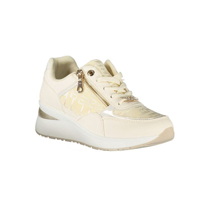 Athletic Sneakers by Laura Biagiotti for women in polyester & polyethylene beige & white presents a sleek silhouette, perfectly capturing the athletic style essence of Crisp Women's Athletic Polyester & Polyethylene Sneakers with its sleek design and premium finish.