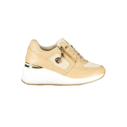 Athletic Sneakers by Laura Biagiotti for women in calf leather & polyethylene beige & print features an architectural silhouette, showcasing the premium athletic style of the Women's Athletic Calf Leather & Polyethylene Sneakers with an architectural finish.