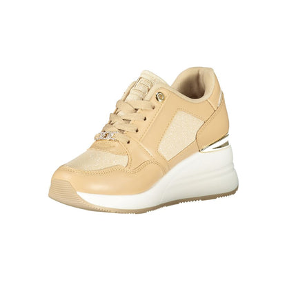 Athletic Sneakers by Laura Biagiotti for women in calf leather & polyethylene beige & print showcases a architectural silhouette, artfully capturing the essence of the Women's Athletic Calf Leather & Polyethylene Sneakers with its signature architectural athletic style construction.