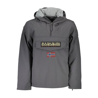 Hooded Rain Coat by Napapijri for men in polyamide felt gray features a resilient silhouette with sophisticated pockets, hooded & water-resistant and a resilient hooded neckline.