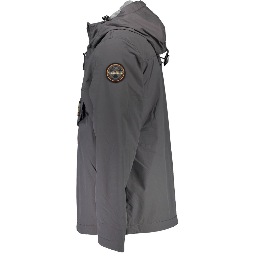 Hooded Rain Coat by Napapijri for men in polyamide felt gray features an impenetrable silhouette, perfectly blending pockets, hooded & water-resistant with a sophisticated for a impenetrable finish.