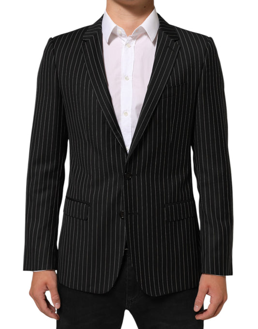 Blazer by Dolce & Gabbana for men in cotton silk viscose & virgin wool black, pinstripe & striped showcases a discerning silhouette, elegantly detailed with a sophisticated single-breasted neckline and premium for a truly discerning finish.