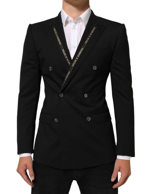 Blazer by Dolce & Gabbana for men in silk wool & elastane black & signature showcases a polished silhouette, highlighted by a refined double-breasted neckline and polished for a sophisticated finish.