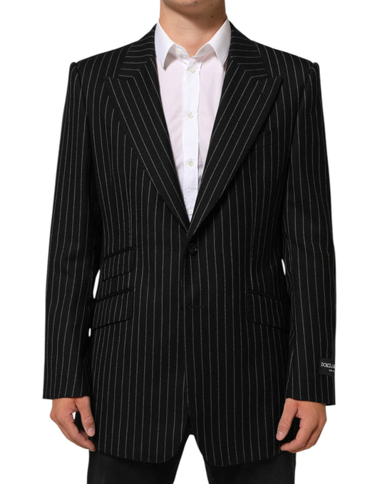 Blazer by Dolce & Gabbana for men in polyester silk & wool black & striped features an sartorial silhouette, showcasing a sophisticated and sartorial for a truly sartorial finish.