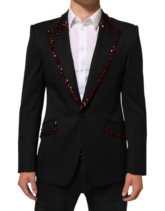 Blazer by Dolce & Gabbana for men in virgin wool silk polyester & cupro black features an sartorial silhouette, showcasing a sophisticated and sartorial for a truly sartorial finish.