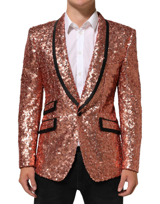 Blazer by Dolce & Gabbana for men in polyamide silk & sequins pink, red & signature presents a distinguished silhouette, detailed with a distinguished lapel shawl-collar neckline and distinctive for a truly sophisticated finish.