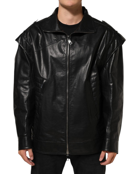 Jacket by Dolce & Gabbana for men in taurus leather & viscose black showcases a enveloping silhouette, artfully detailed with a enveloping stand-collar neckline and premium for a truly enveloping finish.