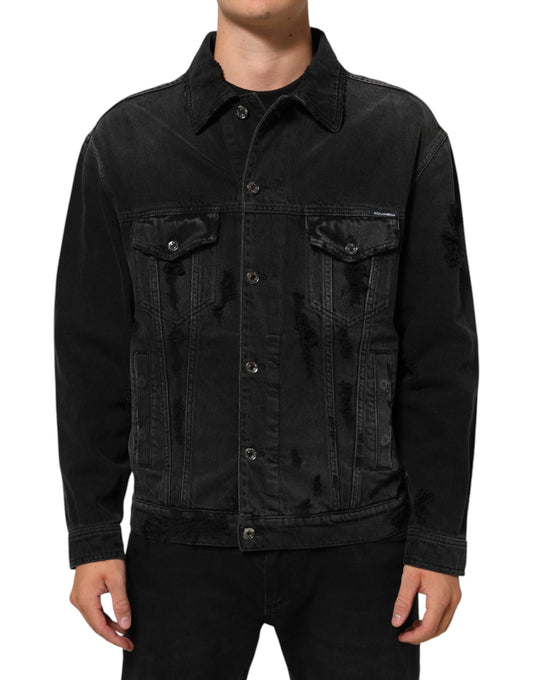 Trucker Jacket by Dolce & Gabbana for men in stretch denim cotton black & signature features an on trend silhouette, showcasing refined and a sophisticated for a truly on trend finish.