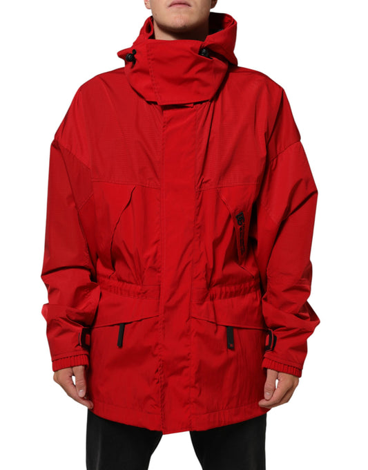 Hooded Parka by Dolce & Gabbana for men in nylon & polyester red features an avant garde silhouette, showcasing refined pockets & hooded and a sophisticated hooded neckline for a polished look.