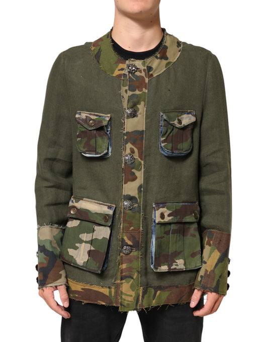 Overcoat by Dolce & Gabbana for men in cotton linen & viscose brown, camouflage & print presents a luxurious silhouette, showcasing a luxurious and sophisticated breathable-design, pockets & insulated for a premium, luxurious look.