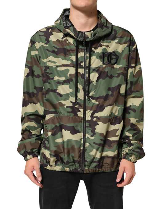 Hooded Bomber Jacket by Dolce & Gabbana for men in polyamide & polyester green, camouflage & print features an contemporary silhouette, showcasing a sophisticated hooded neckline and contemporary pockets & hooded for a truly refined look.