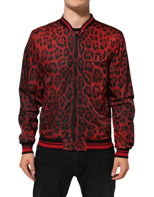 Dolce & Gabbana Men's Polyamide & Polyester Bomber Jacket - Red Leopard Print Print