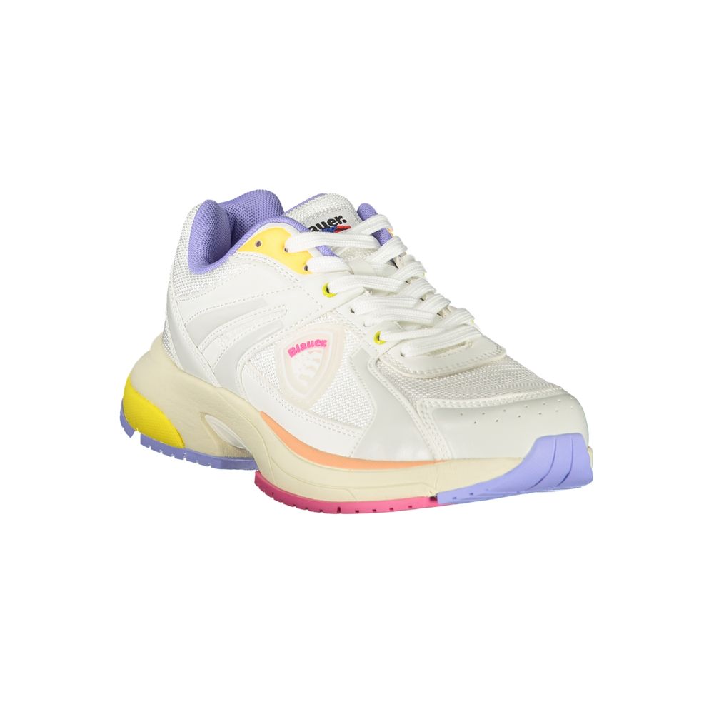 Athletic Sneakers by Blauer for women in polyester fuchsia, peach, white, yellow & print features an architectural silhouette, showcasing the premium athletic style of the Women's Athletic Polyester Sneakers with an architectural finish.