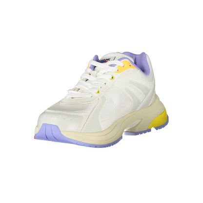 Athletic Sneakers by Blauer for women in polyester fuchsia, peach, white, yellow & print features an architectural silhouette from the Women's Athletic Polyester Sneakers collection, showcasing a architectural athletic style for a architectural look.