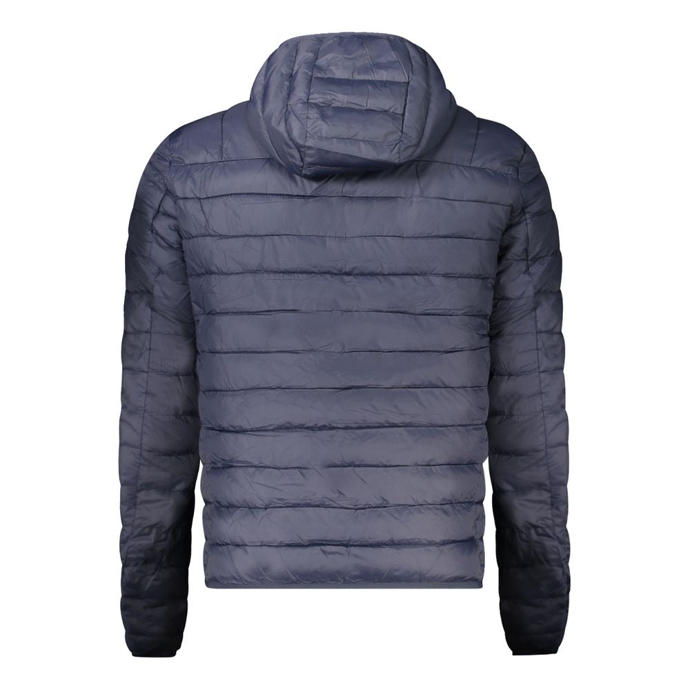 Hooded Windbreaker Jacket by Cavalli Class for men in polyester blue features an stylish silhouette, showcasing a sophisticated hooded neckline and performance-driven pockets, hooded & windproof for a premium, stylish look.