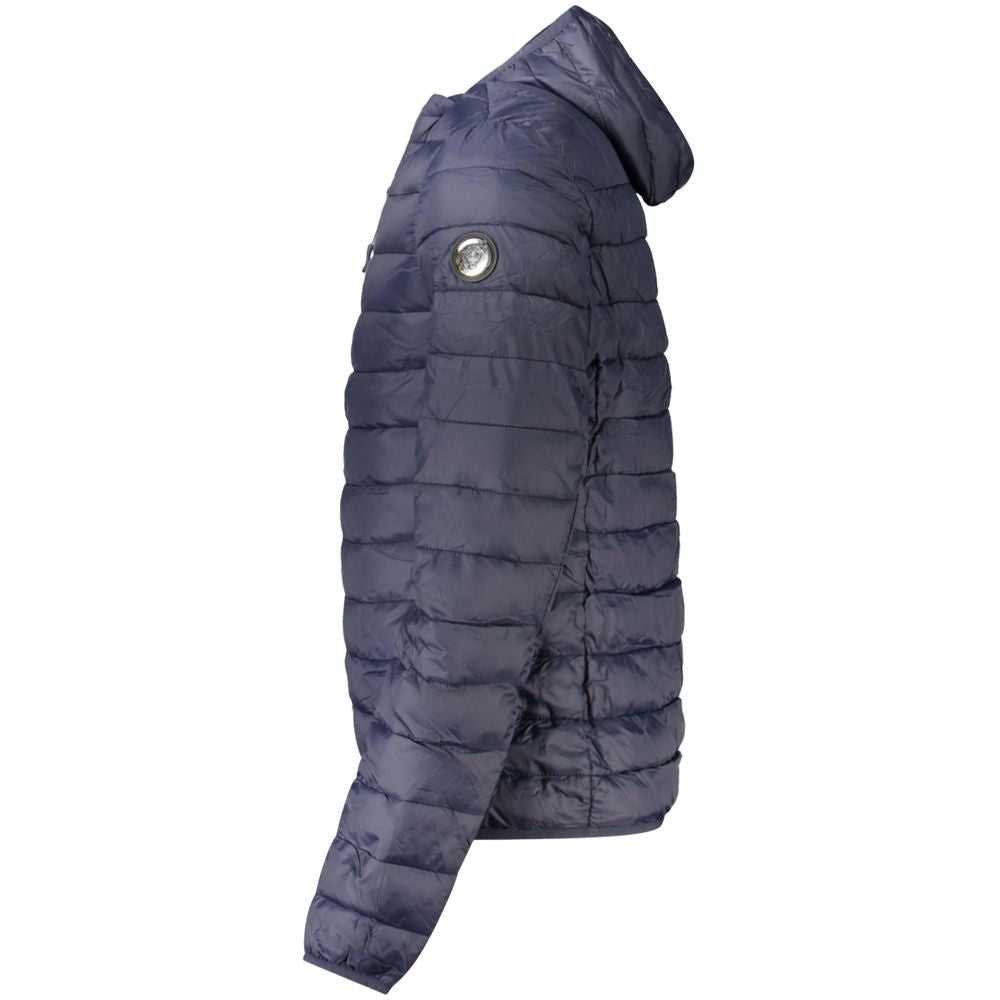 Hooded Windbreaker Jacket by Cavalli Class for men in polyester blue showcases a modern silhouette, integrating pockets, hooded & windproof and a modern hooded neckline for a sophisticated finish.