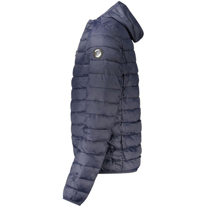 Hooded Windbreaker Jacket by Cavalli Class for men in polyester blue showcases a modern silhouette, integrating pockets, hooded & windproof and a modern hooded neckline for a sophisticated finish.