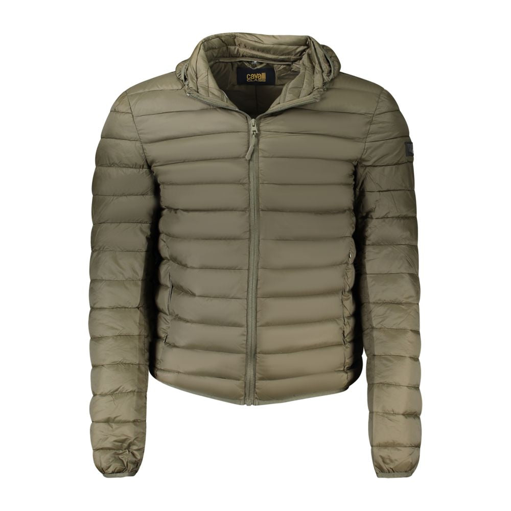 Hooded Windbreaker Jacket by Cavalli Class for men in polyester green presents a resilient silhouette, artfully detailed with a sophisticated hooded neckline and functional pockets, hooded & windproof for a resilient finish.