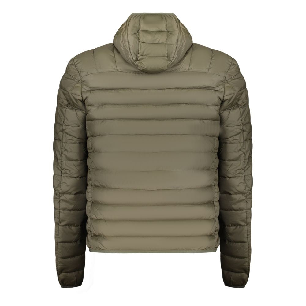 Hooded Windbreaker Jacket by Cavalli Class for men in polyester green features an perennial silhouette with a refined hooded neckline and perennial pockets, hooded & windproof for a sophisticated weather-resistant look.