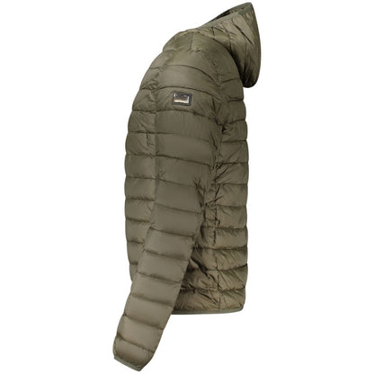 Hooded Windbreaker Jacket by Cavalli Class for men in polyester green showcases a urban chic silhouette, detailed with a urban chic and functional pockets, hooded & windproof for a polished finish.