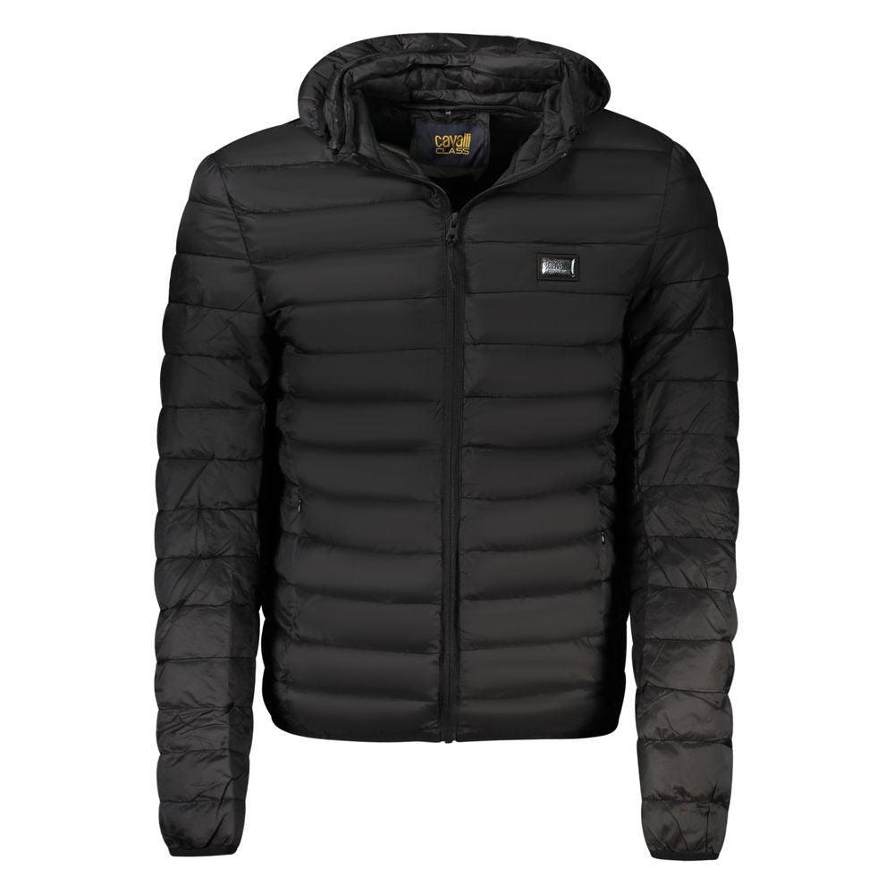 Hooded Windbreaker Jacket by Cavalli Class for men in polyester black showcases a modern silhouette, integrating pockets, hooded & windproof and a modern hooded neckline for a sophisticated finish.