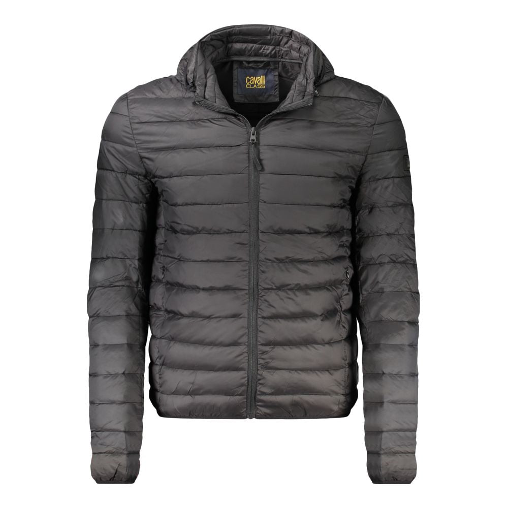 Hooded Windbreaker Jacket by Cavalli Class for men in polyester black features an perennial silhouette with a refined hooded neckline and perennial lightweight, pockets, hooded & windproof for a sophisticated weather-resistant look.