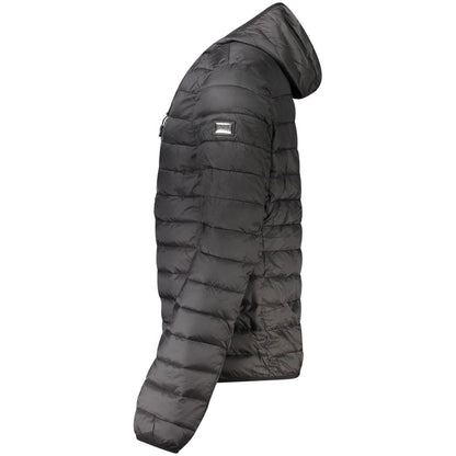 Hooded Windbreaker Jacket by Cavalli Class for men in polyester black presents a resilient silhouette, artfully detailed with a sophisticated and functional pockets, hooded & windproof for a resilient finish.