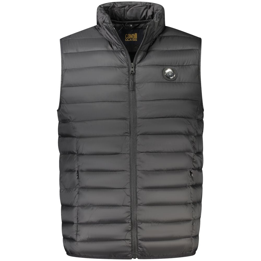Vest by Cavalli Class for men in polyester black showcases a dynamic silhouette, perfectly balancing pockets with a dynamic for a sophisticated, high-fashion look.