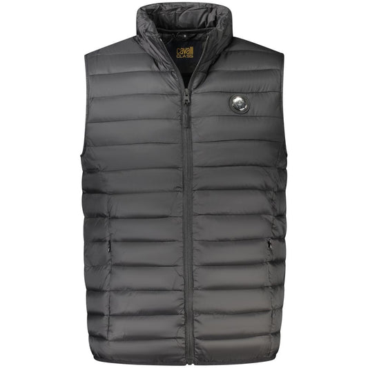 Vest by Cavalli Class for men in polyester black showcases a dynamic silhouette, perfectly balancing pockets with a dynamic for a sophisticated, high-fashion look.